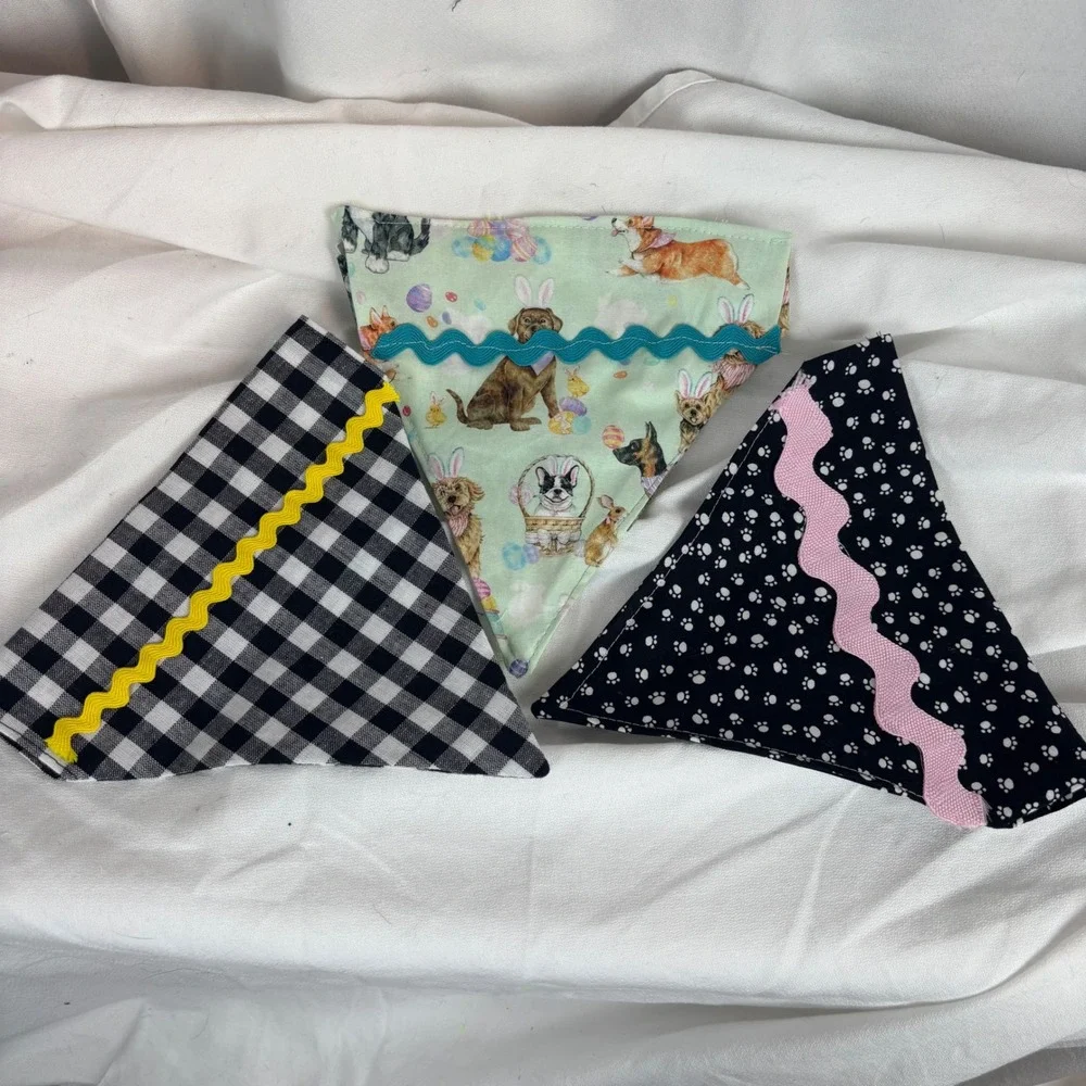 Handmade Dog Bandana Set of 3 Easter Dogs Buffalo Plaid Bone Print Rickrack Trim